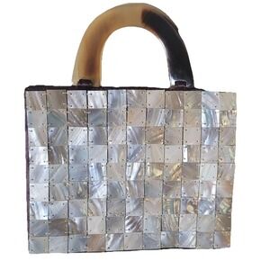 Vintage 60s Mother of Pearl Shell Tile Handbag Lucite Handle Mod Retro Purse